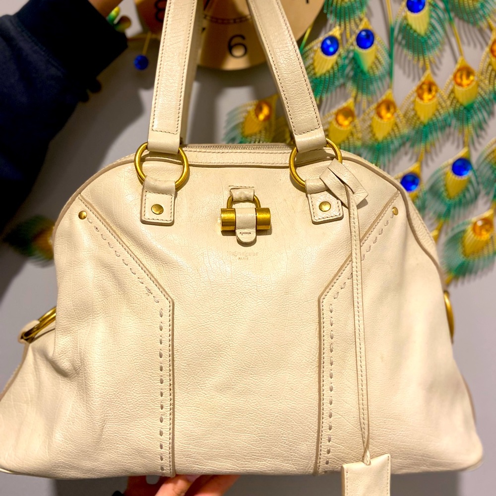 YSL Cream Leather Medium Muse Satchel
